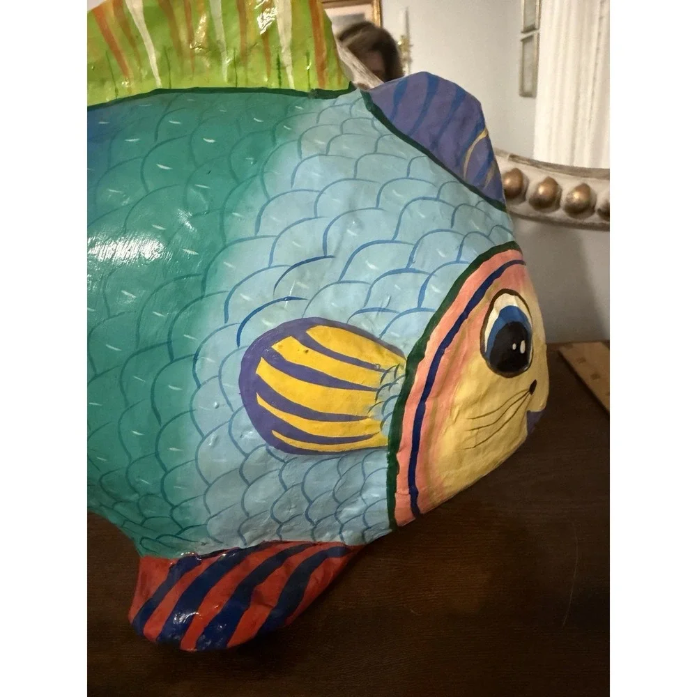 Vintage Style Hand Painted Paper Mache Tropical Fish Sculpture Coastal Decor